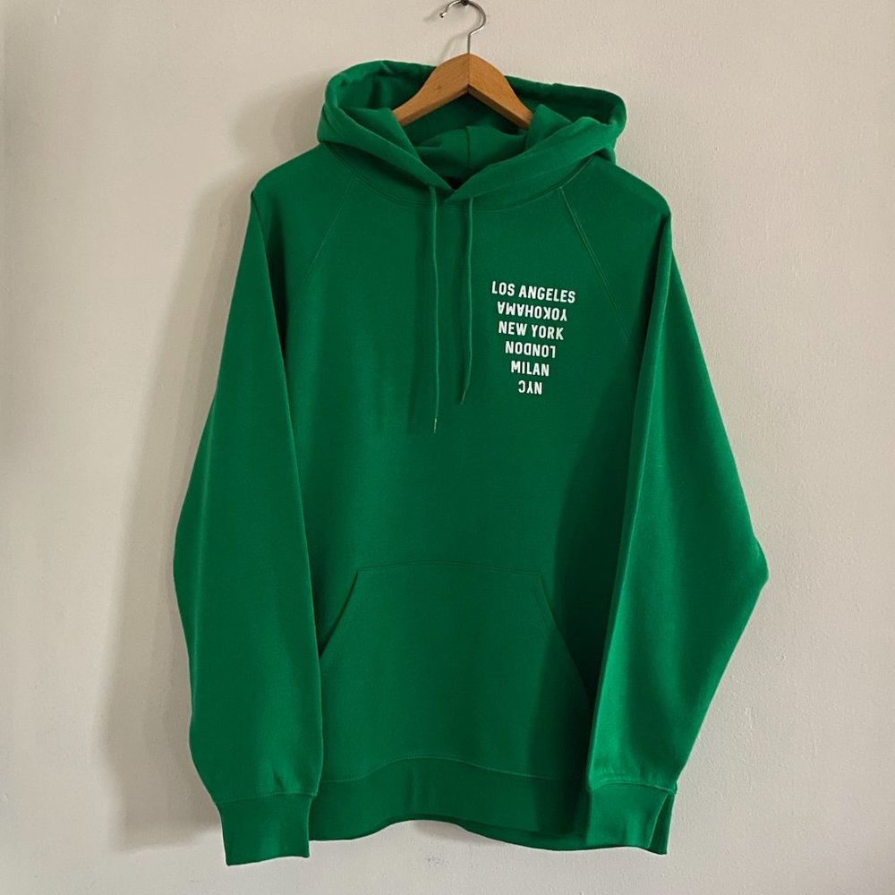Retro Style Bright Green Hoodie w/ Cities Felt Graphic